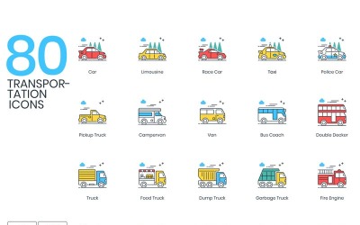 80 icônes de transport - ensemble de la série ColorPop