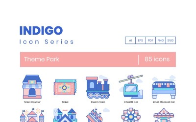 85 ikon zábavního parku - sada série Indigo