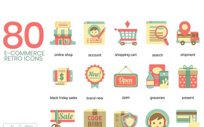 80 icone di e-commerce - set di serie retrò