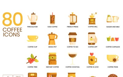 80 ícones de café - conjunto série caramelo