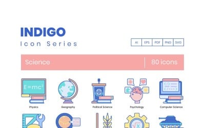 80 iconos de ciencia - conjunto de serie Indigo