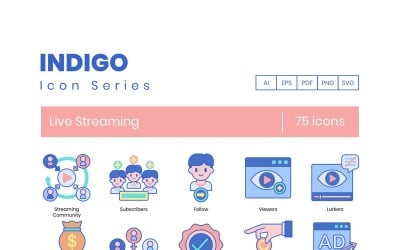 75 pictogrammen voor livestreaming - set Indigo-serie