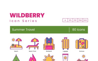80 Summer Travel Icons - Wildberry Series Set