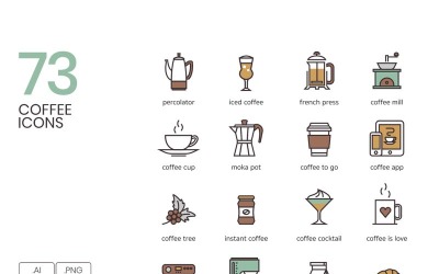 Conjunto de 73 ícones de café e café
