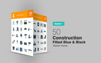50 construcción llena azul y negro conjunto de iconos