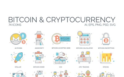74 Cryptocurrency Icons - ColorLine Series Set