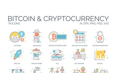 74 Ícones de criptomoeda - Conjunto da série ColorLine