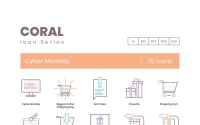70 Cyber Monday Icons - Coral Series Set