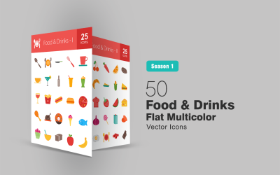 50 Food &amp; Drinks Flat Multicolor Icon Set