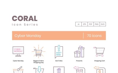 70 Ícones da Cyber Monday - Conjunto Coral Series