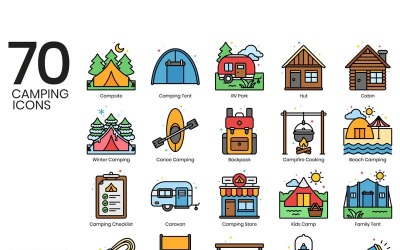 70 icônes de camping - ensemble de série Vivid