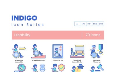 70 iconos de discapacidad - conjunto de la serie Indigo