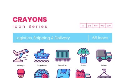 65 iconos de logística - conjunto de serie de crayones