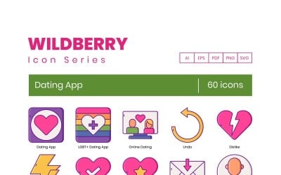 60 Ícones de aplicativos de namoro - Conjunto da série Wildberry
