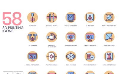 58 iconos de impresión 3D: conjunto de la serie Butterscotch