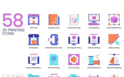 58 ikony drukowania 3D - zestaw serii fioletowy