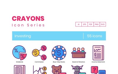 55 iconos de inversión - conjunto de serie de crayones