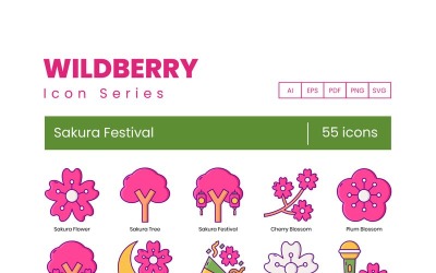 55 Sakura-festivalpictogrammen - set Wildberry-serie