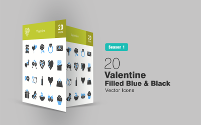 Набор из 20 синих и черных иконок, заполненных валентинкой