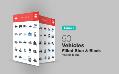 Conjunto de ícones de 50 veículos preenchidos em azul e preto