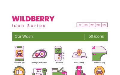 50 iconos de lavado de coches - conjunto de la serie Wildberry