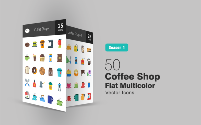 50 kávézó lapos többszínű ikon készlet