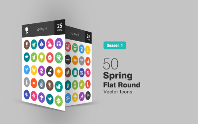 50 tavaszi lapos kerek ikon készlet