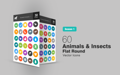 60 animales e insectos plano redondo conjunto de iconos