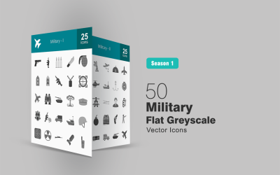 Conjunto de 50 ícones militares planos em escala de cinza