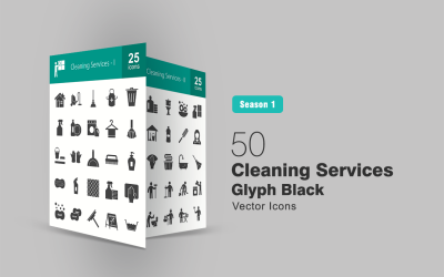 Set di icone del glifo con 50 servizi di pulizia