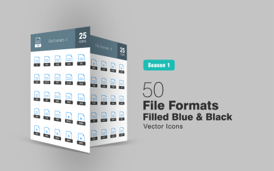 50 formatów plików wypełnionych niebieski i czarny zestaw ikon