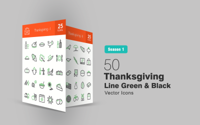 50 Conjunto de ícones verdes e pretos da linha de ação de graças