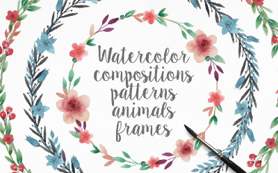 Watercolor frames, Patterns and Animals - Illustration
