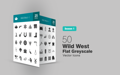 50 wilde westen platte grijswaarden pictogramserie