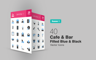 40 Cafe &amp;amp; Bar lleno azul y negro conjunto de iconos