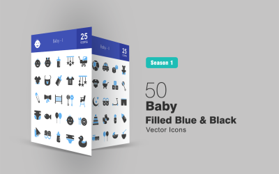Conjunto de ícones de 50 bebês preenchidos em azul e preto