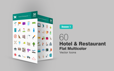 60 Conjunto de ícones planos multicoloridos para hotéis e restaurantes