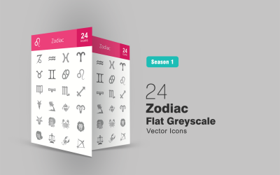 24 conjunto de iconos planos en escala de grises del zodíaco
