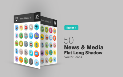 50 noticias y medios de comunicación plana larga sombra conjunto de iconos