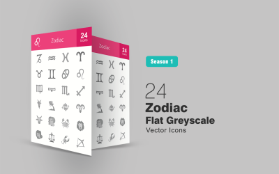 24 płaski zestaw ikon zodiaku w skali szarości
