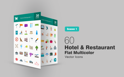60 Set di icone multicolori piatte per hotel e ristoranti