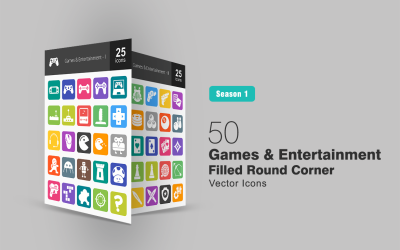 50 spel och underhållning fyllda runda hörn ikonuppsättning