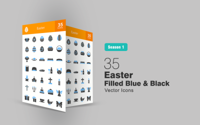 Conjunto de ícones azuis e pretos preenchidos com 35 Páscoa