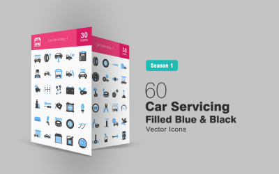 60 Car Servicing Filled Blue &amp; Black Icon Set