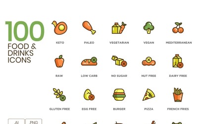 100 Food _ Drinks Icons - Eco Series Set