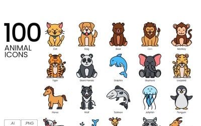 100 icone animali - set di serie vivaci