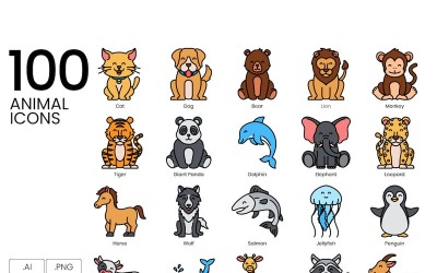 100 иконок животных - набор ярких серий