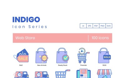 100 ícones de loja na web - conjunto série Indigo