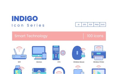 100 ícones de tecnologia inteligente - conjunto série Indigo