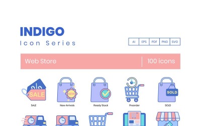 100 ikoner för webbutiker - Indigo-serieuppsättning